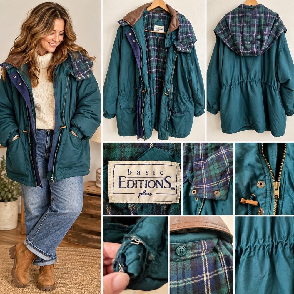 Vintage 90s Basic Editions Plus XL Teal Plaid Parka Jacket Gorpcore Preppy